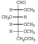  Treatment of methyl  \alpha -D-glucopyranose with silver oxide and iodomethane (Ag<sub>2</sub>O, CH<sub>3</sub>I)  followed by hydrolysis (H<sub>3</sub>O<sup>+</sup>)     gives: A)    B)    C)    D)    E)    