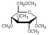  Treatment of methyl  \alpha -D-glucopyranose with silver oxide and iodomethane (Ag<sub>2</sub>O, CH<sub>3</sub>I)  followed by hydrolysis (H<sub>3</sub>O<sup>+</sup>)     gives: A)    B)    C)    D)    E)    