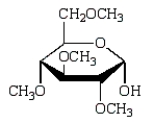  Treatment of methyl  \alpha -D-glucopyranose with silver oxide and iodomethane (Ag<sub>2</sub>O, CH<sub>3</sub>I)  followed by hydrolysis (H<sub>3</sub>O<sup>+</sup>)     gives: A)    B)    C)    D)    E)    