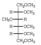  Treatment of methyl  \alpha -D-glucopyranose with silver oxide and iodomethane (Ag<sub>2</sub>O, CH<sub>3</sub>I)  followed by hydrolysis (H<sub>3</sub>O<sup>+</sup>)     gives: A)    B)    C)    D)    E)    