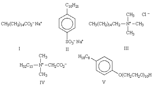 Which one of the following molecules is classified as an anionic synthetic detergent?   A)  I B)  II C)  III D)  IV E)  V
