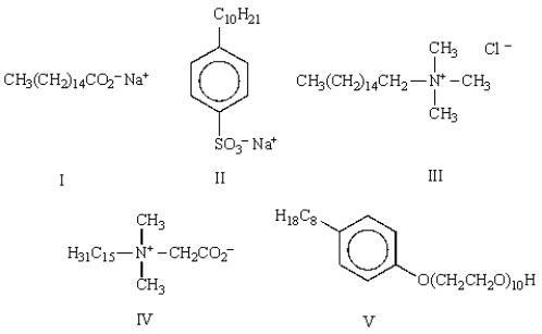 Which of the following molecules can be classified as an amphoteric detergent?   A)  I B)  II C)  III D)  IV E)  V