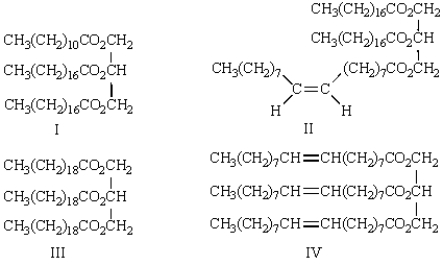 On saponification with sodium hydroxide, which fat or oil will yield two moles of the sodium salt of stearic acid and one mole of the salt of oleic acid?   A)  I B)  II C)  III D)  IV E)  V