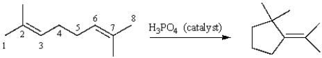 The last step in the following isomerization is:   A)  protonation at C-3 or C-6. B)  protonation at C-2 or C-7. C)  loss of a proton from C-3 or C-6. D)  loss of a proton from C-2 or C-7. E)  formation of a bond between C-6 and C-2.