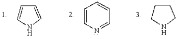 The decreasing order of basicity of the following is:   A)  1 > 2 > 3 B)  1 > 3 > 2 C)  3 > 2 > 1 D)  2 > 1 > 3 E)  3 > 1 > 2
