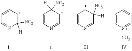 An intermediate in the nitration of pyridine is:   A)  I B)  II C)  III D)  IV E)  none of the above
