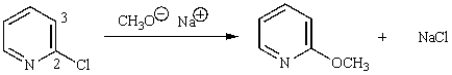 The first step in the following reaction is:   A)  loss of chloride (Cl<sup>-</sup>)  from C-2 to give a carbocation. B)  displacement of chloride (Cl<sup>-</sup>)  from C-2 by methoxide (CH<sub>3</sub>O<sup>-</sup>) . C)  base-promoted elimination of HCl from carbons 2 and 3. D)  reduction of the pyridine by methoxide. E)  addition of methoxide to C-2.