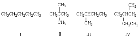  A compound with the molecular formula C<sub>5</sub>H<sub>12</sub> gave the following <sup>1</sup>H NMR spectrum: singlet,   \delta   1.0 (12 H)  The structure of this compound is:   A)  I B)  II C)  III D)  IV E)  all are possible 