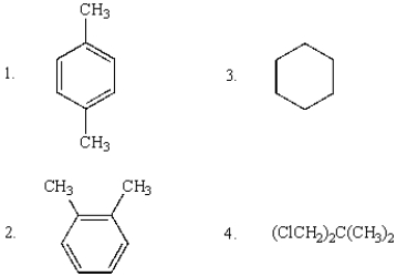 Compounds that will show only two sharp singlets in their <sup>1</sup>H NMR spectra are:   A)  1 and 2 B)  3 C)  1 and 3 D)  1 and 4 E)  1, 2, and 4
