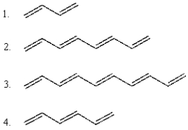 The following compounds in order of increasing wavelength of maximum UV-VIS absorption are   A)  1 < 2 < 3 < 4 B)  1 < 4 < 2 < 3 C)  3 < 2 < 4 < 1 D)  4 < 3 < 2 < 1 E)  1 < 2 < 4 < 3