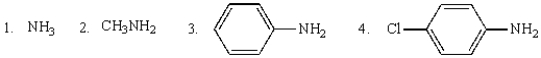 The order of decreasing pK<sub>a</sub>s of the corresponding ammonium ions of the following is:   A)  1 > 2 > 3 > 4 B)  3 > 4 > 2 > 1 C)  4 > 3 > 2 > 1 D)  2 > 1 > 3 > 4 E)  4 > 3 > 1 > 2