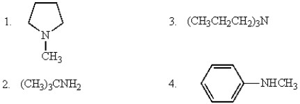 The amines that can be acylated by acetic anhydride are   A)  only 4 B)  1, 2, 3, and 4 C)  1 and 3 D)  2 and 4 E)  only 2