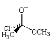 The following structure is an intermediate in the reaction of   A) CH<sub>3</sub>CO<sub>2</sub>CH<sub>3</sub> with HCl. B) CH<sub>3</sub>COCl with CH<sub>3</sub>O<sup>-</sup> Na<sup>+</sup>. C) CH<sub>3</sub>CO<sub>2</sub>CH<sub>3</sub> with HOCl. D) CH<sub>3</sub>CH(OCH<sub>3</sub>) <sub>2</sub> with Cl<sub>2</sub>. E) CH<sub>3</sub>Cl with (CH<sub>3</sub>) <sub>2</sub>C=O.