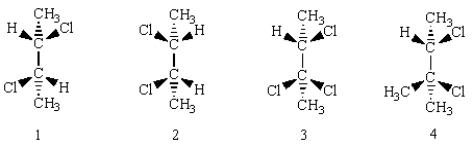 Which of the following molecules has a mirror plane of symmetry?   A)  1 B)  2 C)  3 D)  4 E)  all of them