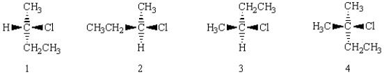 Which of the following molecules are the same?   A)  1 and 2 B)  3 and 4 C)  1 and 3 D)  2 and 3 E)  2 and 4