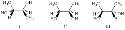 Which of the three molecules below is a diastereomer of the following molecule?     A)  I B)  II C)  III D)  there are no diastereomers E)  both I and II
