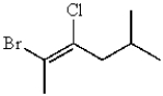 The correct IUPAC name for the following molecule is:   A)  (E) -2-bromo-3-chloro-5-methyl-2-hexene B)  (E) -2-bromo-3-chloro-5-methyl-3-hexene C)  (Z) -2-bromo-3-chloro-5-methyl-3-hexene D)  (Z) -2-bromo-3-chloro-5-methyl-2-hexene E)  (E) -5-bromo-4-chloro-2-methyl-4-hexene