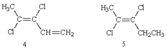 <strong>Which of the following structures is (E)-2,3-dichloro-2-pentene?    </strong> A) 1 B) 2 C) 3 D) 4 E) 5 <div style=padding-top: 35px> 