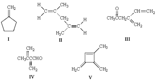 <strong>Upon ozonolysis and treatment with Zn in water, compound A yielded two moles of formaldehyde, HCHO, and 1 mole of the following molecule:   What is the structure of A?  </strong> A) I B) II C) III D) IV E) V <div style=padding-top: 35px> 