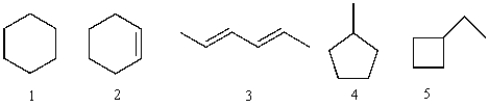 Which of the following structural formulas has the molecular formula C<sub>6</sub>H<sub>12</sub>?   A)  2 and 3 B)  1 and 4 C)  1, 4, and 5 D)  1 and 2 E)  4 and 5