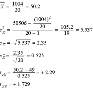 Using the following data, conduct a one-tailed t-test in the upper tail.Use a known population mean of 49 and α = .05. 51 48 52 50 48 52 50 48 52 54 50 52 54 47 49 53 47 46 50 51