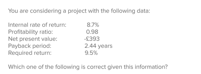 <strong> </strong> A)The discount rate used in computing the net present value must have been less than 8.7%. B)The discounted payback period will have to be less than 2.44 years. C)The discount rate used to compute the profitability ratio was equal to the internal rate of Return. D)This project should be accepted based on the profitability ratio. E)This project should be rejected based on the internal rate of return.