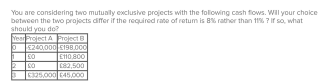 <strong> </strong> A)yes; Select A at 8% and B at 11%. B)yes; Select B at 8% and A at 11%. C)yes; Select A at 8% and select neither at 11%. D)no; Regardless of the required rate, project A always has the higher NPV. E)no; Regardless of the required rate, project B always has the higher NPV.