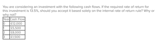 <strong> </strong> A)yes; because the IRR exceeds the required return. B)yes; because the IRR is a positive rate of return. C)no; because the IRR is less than the required return. D)no; because the IRR is a negative rate of return. E)You can not apply the IRR rule in this case because there are multiple IRRs.