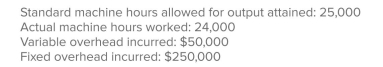 Theory Enterprises uses a standard cost system and prepared the following budget for May when 24,000 machine hours of activity were anticipated: variable overhead, $48,000; ﬁxed overhead: $240,000.Actual data for May were:   The variable-overhead spending and eﬃciency variances for Theory are:   A) Choice A B) Choice B C) Choice C D) Choice D E) Choice E