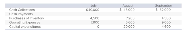 Doral Corp.has provided a part of its budget for the third quarter:   The cash balance on July 1 is $12,000.Assume that there will be no ﬁnancing transactions or costs during the quarter.What is the cash balance at the end of September? A) $97,000. B) $84,600. C) $85,700. D) $86,800. E) None of the answers is correct.