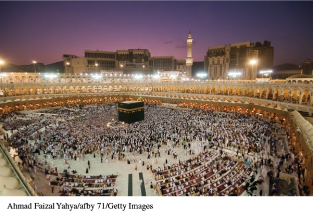 How does the ritual practiced by the Islamic faithful at the Ka'aba in this photograph mimic that practiced by Buddhists paying homage at a stupa?   A)  Both shrines draw similarly large crowds. B)  The faithful of both religions are typically seated during the ritual. C)  Circumambulation is a central component of both rituals. D)  Both rituals take place in an urban space.