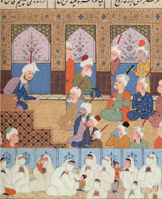 What evidence is there in this illustration of the practice of Arab conquerors adopting certain practices of subjugated peoples?   A)  The wearing of veils by the women and their seclusion from the men B)  The inclusion of children in the mosque and the wearing of facial hair by some men C)  The colorful and ornate dress of the men and plain dress of the women D)  The artistic patterns on the walls of the mosque and covering the heads of everyone inside the mosque