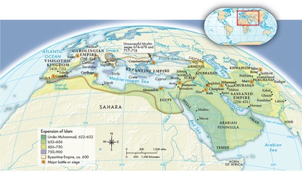 According to Map 9.1,  The Expansion of Islam, 622-900,  during which of the following periods did Islam experience the largest territorial growth?   A)  622-632 B)  632-656 C)  656-750 D)  750-900