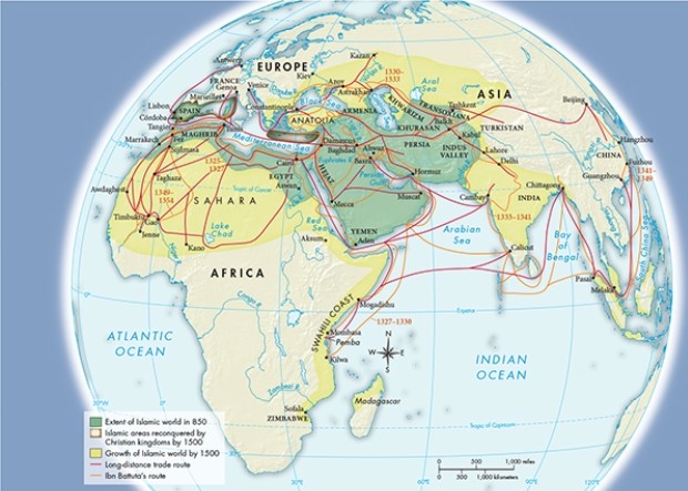 According to Map 9.2,  The Expansion of Islam and Its Trading Networks in the Thirteenth and Fourteenth Centuries,  the strength of Islamic seaborne trade is especially prominent in which of the following regions?   A)  The Mediterranean Sea B)  The Black Sea C)  The Caspian Sea D)  The Arabian Sea