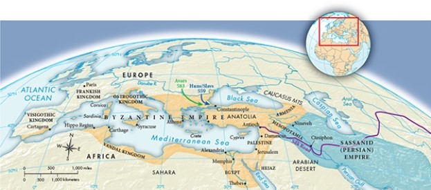 According to Map 8.1,  The Byzantine and Sassanid Empires, ca. 600,  which region of the Byzantine Empire experienced the most extensive contact with territory occupied by barbarians?   A)  The eastern half B)  The western half C)  The northern half D)  The southern half