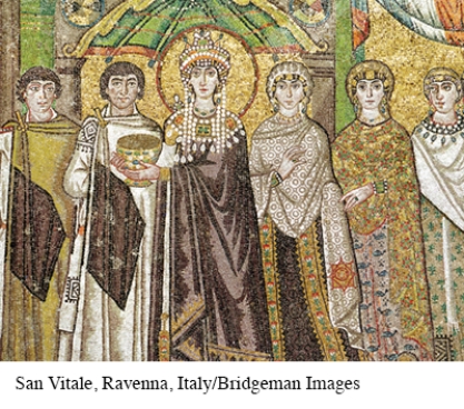 What evidence is contained in this illustration of Empress Theodora and her court to contradict historian Procopius's assertion that she was demonic, greedy, and vicious?   A)  Her headpiece is opulent. B)  She appears to be stealing a chalice from one of the priests. C)  Her head is surrounded by a halo. D)  Her attendants appear to be distressed.