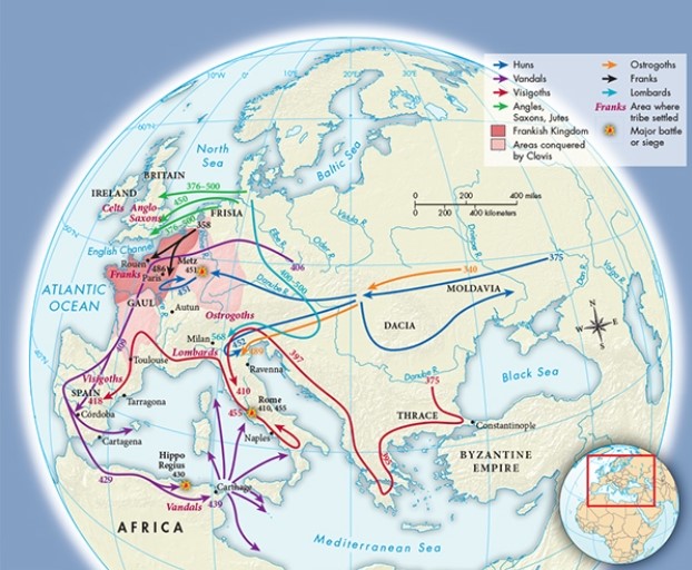 According to Map 8.2,  The Barbarian Migrations, ca. 340-500,  which group overran the heart of the ancient Greek empire?   A)  The Visigoths B)  The Huns C)  The Vandals D)  The Ostrogoths