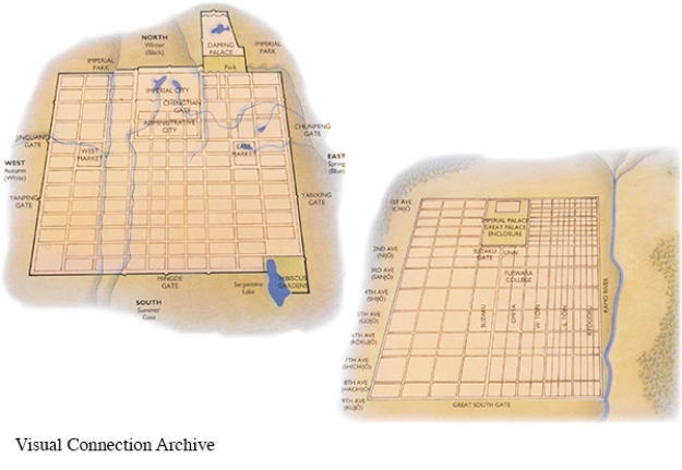 Within the city of Chang'an, pictured here, the size and position of the Imperial City along with the well-planned layout of the surrounding areas are indicative of the   A)  control that the Tang Dynasty exercised over society. B)  ever-present concern of protecting the city from outside influences. C)  influence of the city of Heian upon those who planned Chang'an. D)  acceptance of commonplace urban design standards in China by the Tang.