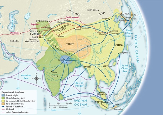 As evidenced by Map 7.3,  The Spread of Buddhism, ca. 500 B.C.E.-800 C.E.,  which of the following is true?   A)  Buddhism typically spread in a pattern that mimicked major trade routes. B)  Buddhism took longer to spread in the east than in the west. C)  Buddhism would have never reached Tibet if not for the access granted by the Indus River, D)  Buddhism was introduced in the Kushan empire later than in most other regions.