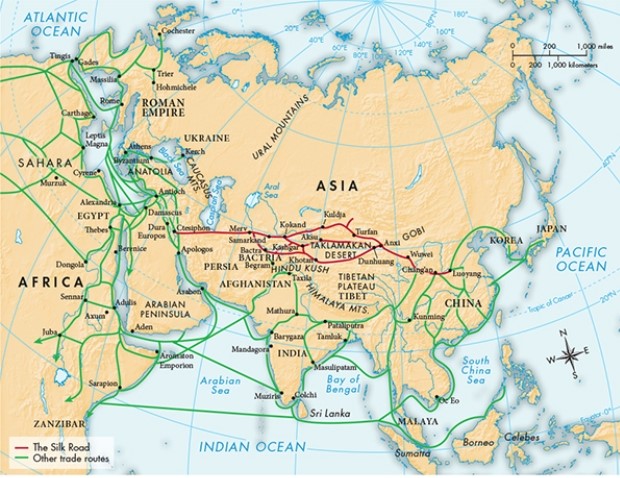 According to Map 7.2,  The Silk Trade in the Seventh Century C.E.,  the western end of the Silk Road terminated in the middle of territory that was once a part of which ancient civilization?   A)  Egypt B)  Greece C)  Persia D)  Mesopotamia