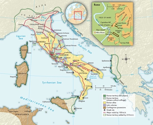 According to Map 6.1,  Roman Italy and the City of Rome, ca. 218 B.C.E.,  what evidence is there to suggest that the Greeks had begun to colonize the peninsula prior to the emergence of Roman Italy?   A)  Greek cities existed on the southeastern shore of the Adriatic Sea. B)  Some Greek cities were connected by major roads to the city of Rome. C)  Several Greek cities existed on the southern part of the peninsula. D)  There are no Greek cities in the northern part of the peninsula.