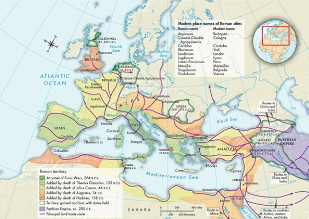According to Map 6.2,  Roman Expansion, 262 B.C.E.-180 C.E.,  which region was home to the largest number of land trade routes?   A)  Germania B)  Britain C)  Spain D)  Gaul