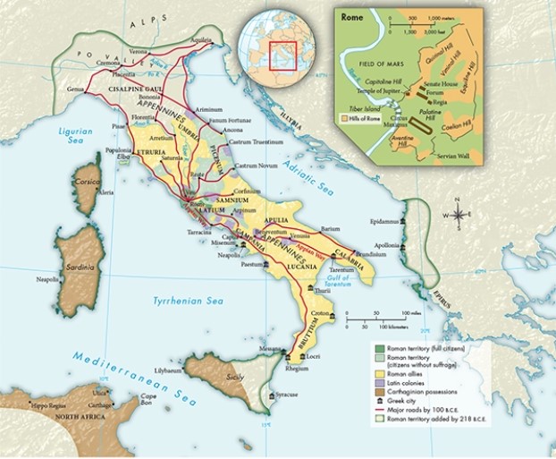 What feature of Map 6.1,  Roman Italy and the City of Rome, ca. 218 B.C.E.,  reflects Etruscan influence?   A)  The existence of paved roads B)  The location of the Latin colonies C)  The division of Sicily into Carthaginian and Roman territory D)  The absence of roads in the northern part of the region of Apulia