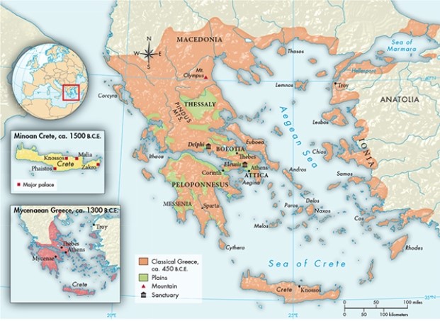 According to Map 5.1, Classical Greece, ca. 450 B.C.E., which geographic features lent themselves to the political fragmentation of Greece, but were not present in ancient civilizations such as Egypt or Mesopotamia? A) Rugged terrain and numerous island settlements B) Internal waterways and key urban areas scattered over a major peninsula C) Mountains and peninsular sanctuaries D) Deserts and major inland waterways