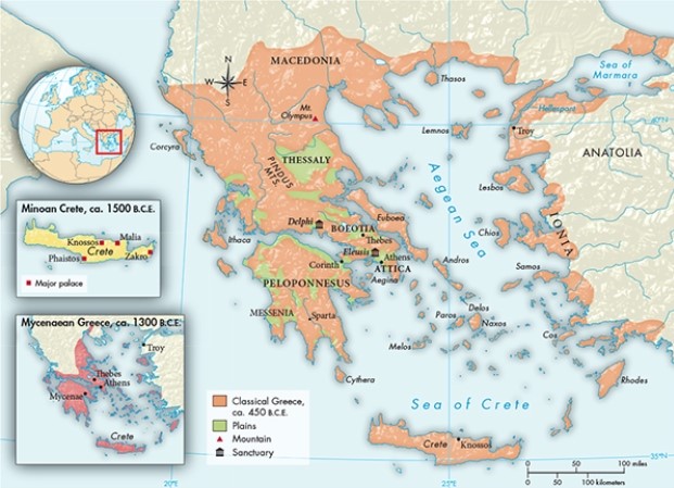The extensive coastline illustrated in Map 5.1,  Classical Greece, ca. 450 B.C.E.,  played an important role in the development of   A)  major settlements in the interior of Anatolia. B)  a wide variety of agricultural products. C)  that region's numerous land-based trade routes. D)  the Greeks as a seafaring people.