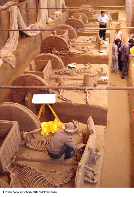The existence of which item found in the tombs at Anyang, pictured here, is evidence of the role of sacrifice in a king's burial?   A)  Chariots B)  Grave goods C)  Pottery D)  Various pieces of jade