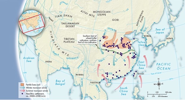 According to Map 4.1,  The Geography of Historical China,  what geographic feature was likely very important to many Neolithic settlements?   A)  Access to the sea B)  Close proximity to mountains C)  Access to the Korean peninsula D)  Nearness to river ways