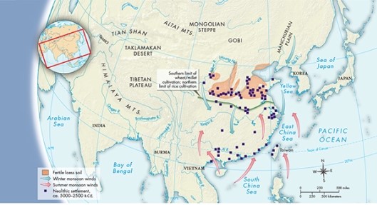 According to Maps 4.1 and 4.2, which of the following is likely true of the Zhou Dynasty?     A)  They found trade to be difficult. B)  They inherited the traditions of Neolithic culture. C)  They often came into contact with peoples from Mesopotamia. D)  They housed numerous urban settlements.