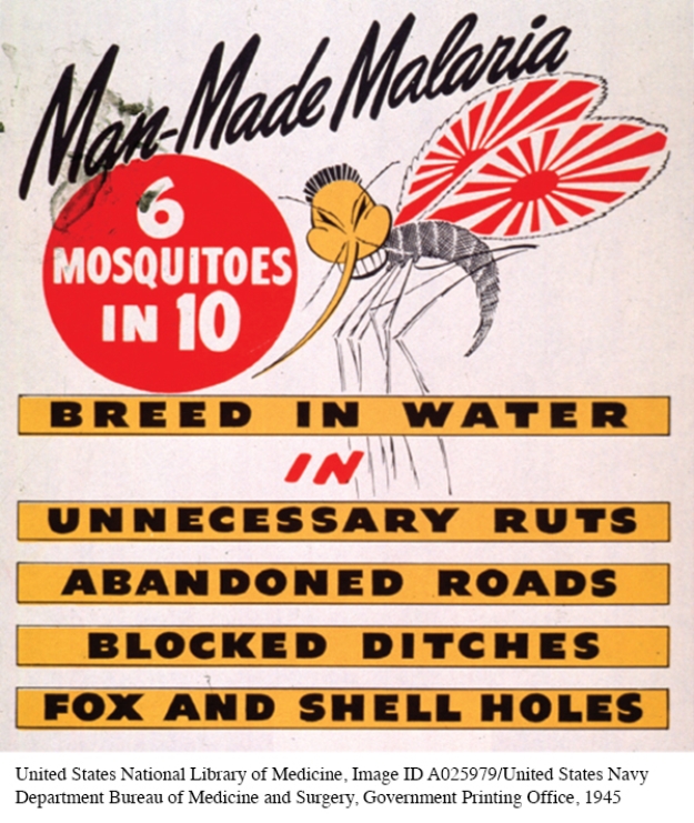 What is the purpose of the caricatured Japanese features and Japanese flag in this poster?   A)  To dehumanize the Japanese B)  To draw attention to the prevalence of malaria C)  To build support for World War II D)  To suggest that malaria was the only enemy to fear more than the Japanese
