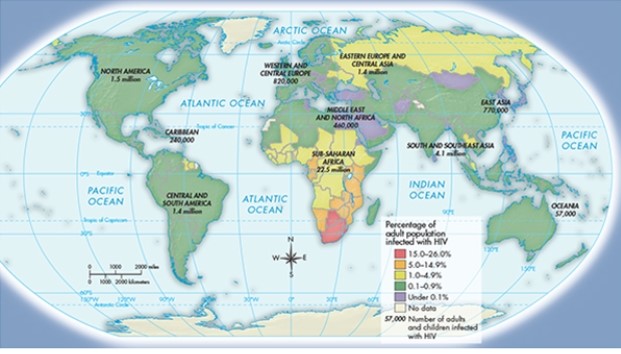 The evidence in Map 33.2,  People Living with HIV/AIDS Worldwide, ca. 2010,  suggests that the people of which region have less access to healthcare?   A)  The Middle East B)  East Asia C)  Sub-Saharan Africa D)  South America